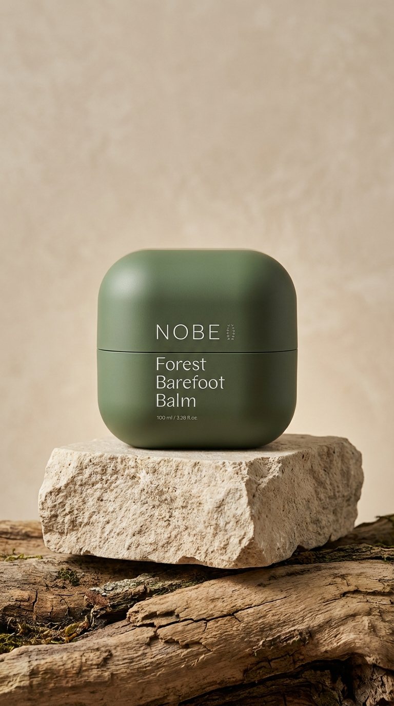 NOBE Forest Barefoot Balm on mossy ground at golden hour