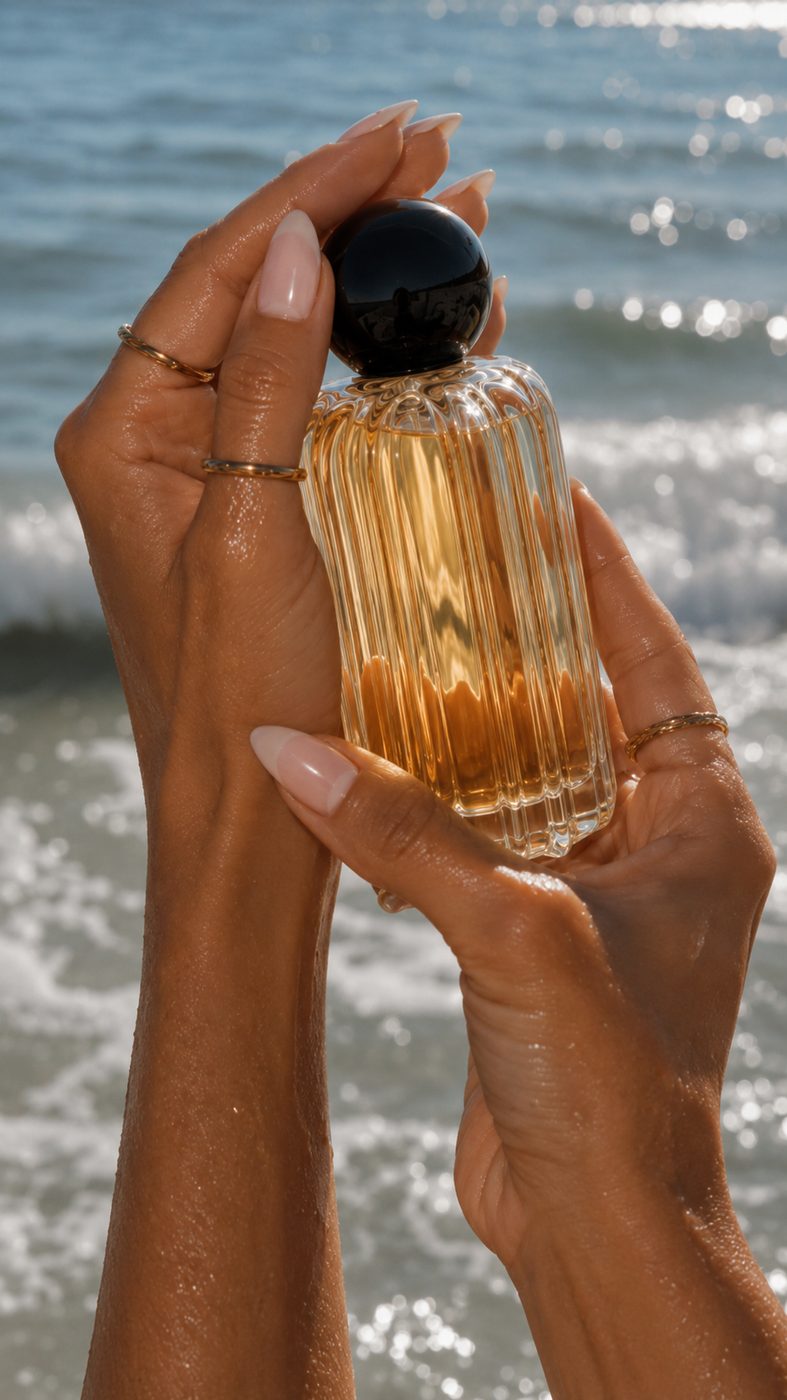Fragrance held above the ocean