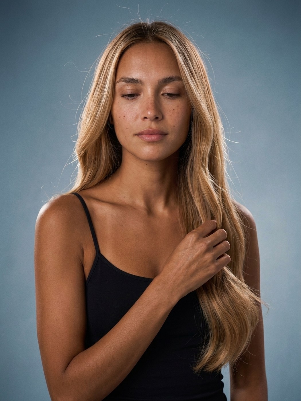 A model with long, glossy, oil-treated hair