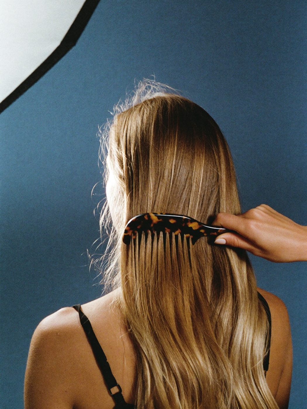 Combing oil through glossy hair