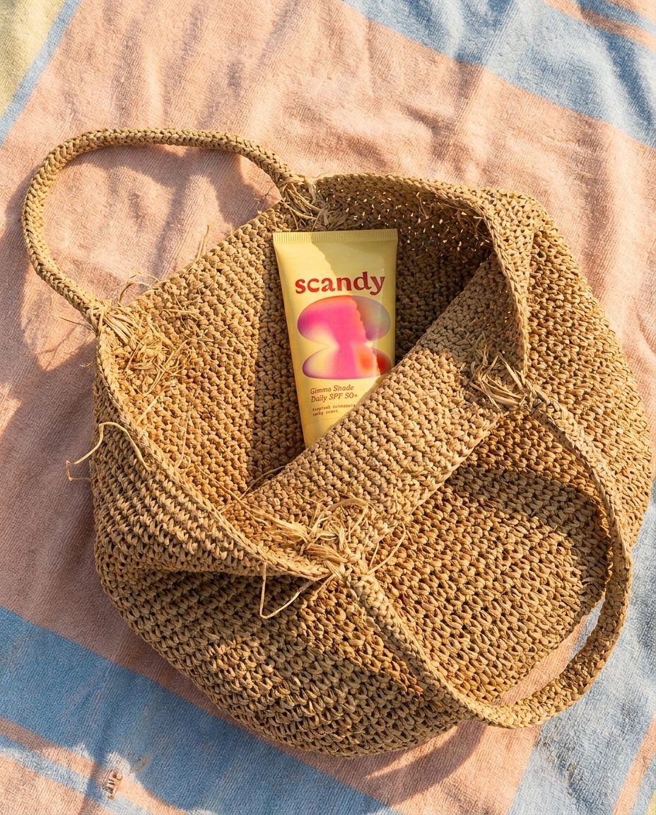 Scandy SPF in a straw beach bag